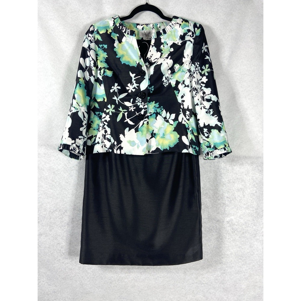 Le Suit 2PC Skirt Suit Women's Petite 6P Black Green Floral Blazer Buttons Satin